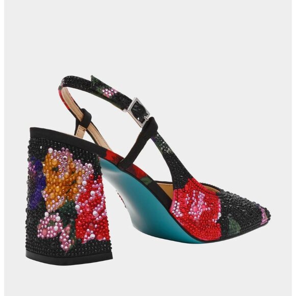Betsey Johnson New in Box Women's size 9 Black Multi Floral Rhinestone Heels - Picture 3 of 5